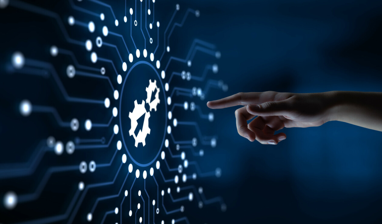 Integration data system technology concept. hand pressing virtual button.