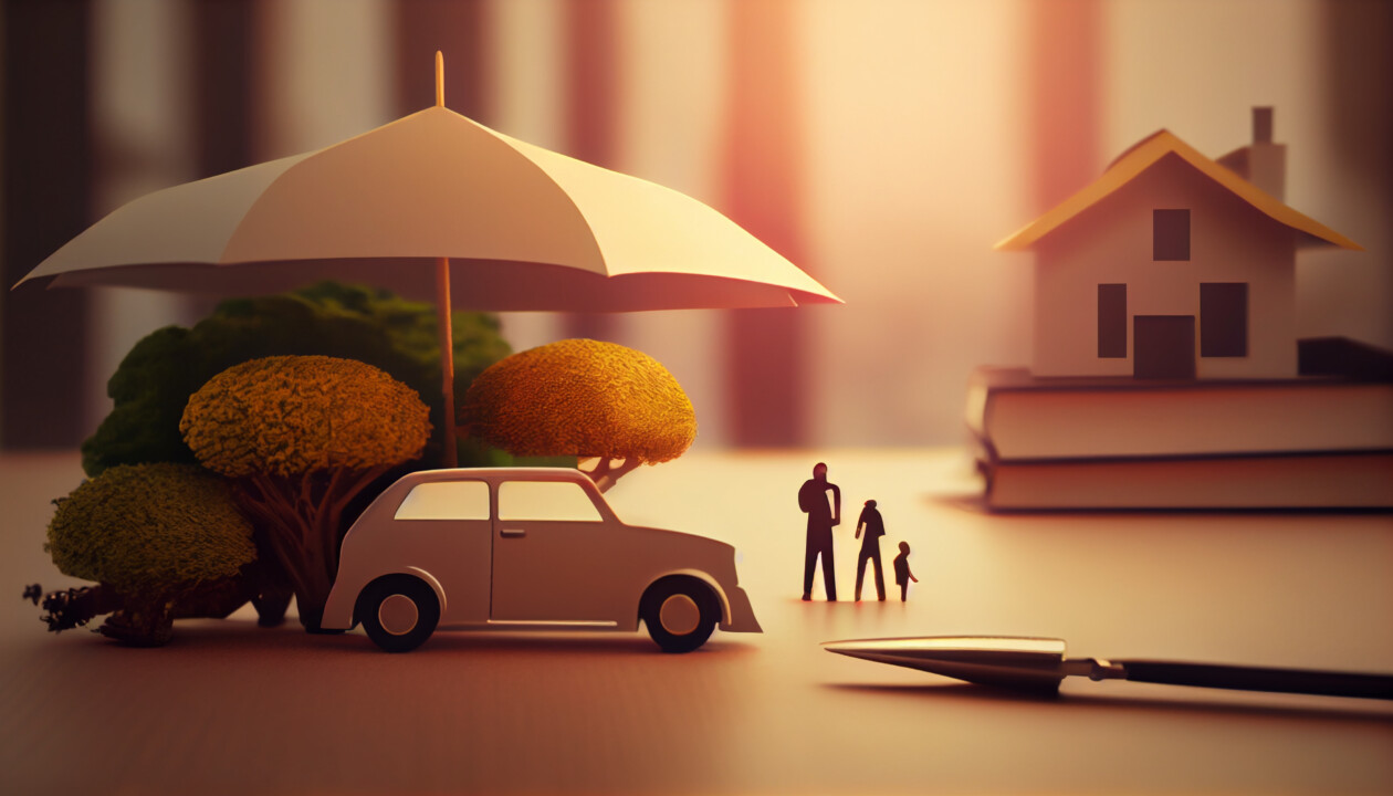 Insurance concept, logo, illustration. the family insured the car, house, health, etc. ai generated.